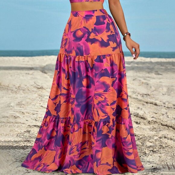 Purple Boho Women's Ruched Side Twist Bandeau Top And Split Thigh Skirt Set - Picture 3 of 6